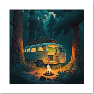 Camping Adventure in the Forest, Campire at Night Posters and Art